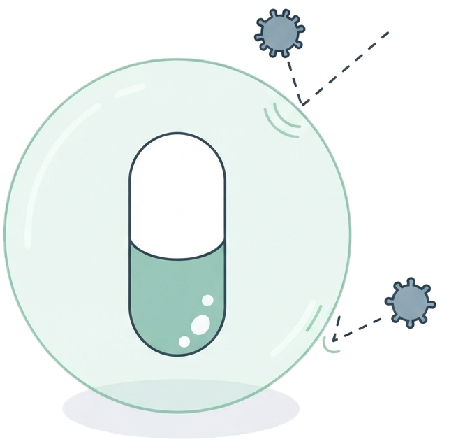 Line illustration of a capsule inside a protective bubble deflecting germs