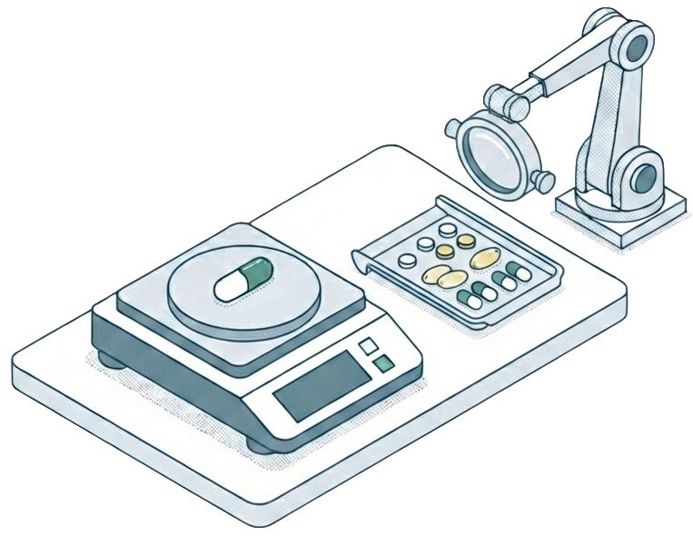 Illustration of a laboratory balance weighing a capsule beside a tray of assorted tablets and capsules, with a robotic inspection arm above
