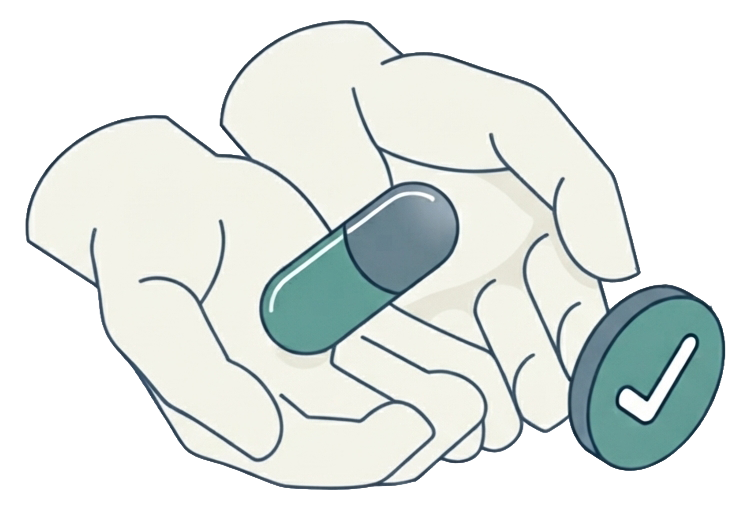 Line illustration of hands holding a capsule beside a checkmark badge