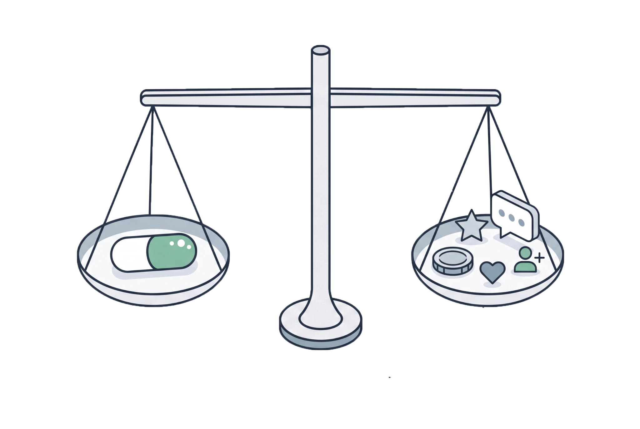 Balance scales showing a capsule on one side and customer value represented by reviews, feedback and advocacy on the other