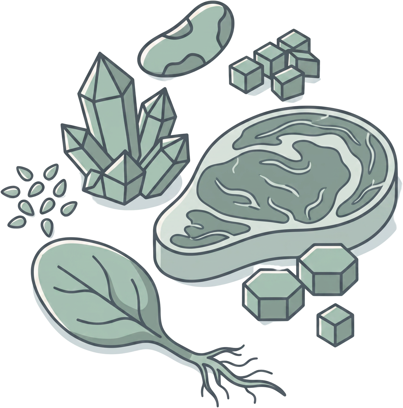 Line illustration of mineral crystals, seeds, a leafy green, and a cut of meat