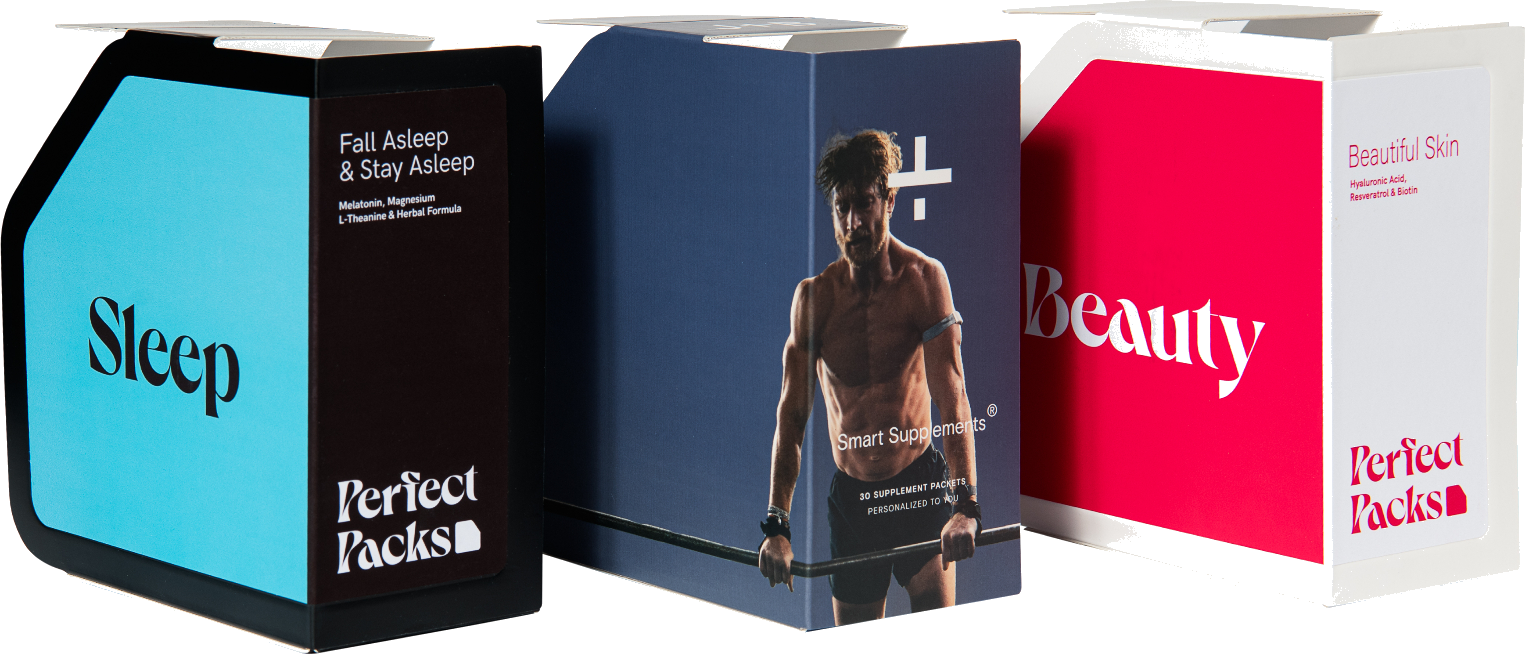 Three custom branded supplement dispenser boxes — Sleep, Smart Supplements, and Beauty.