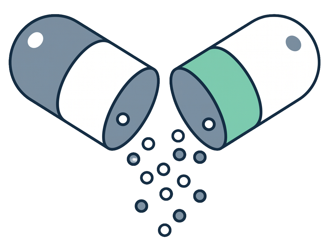 Line illustration of an open capsule with granules spilling out