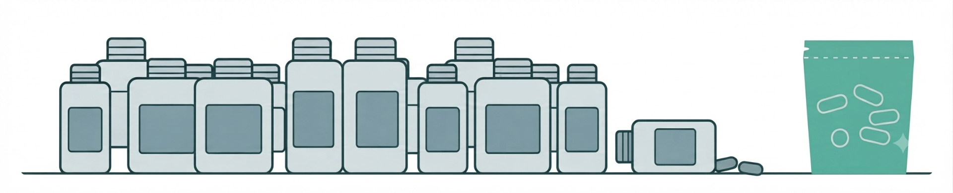 Twelve pill bottles crowded next to a single OK Capsule daily pouch