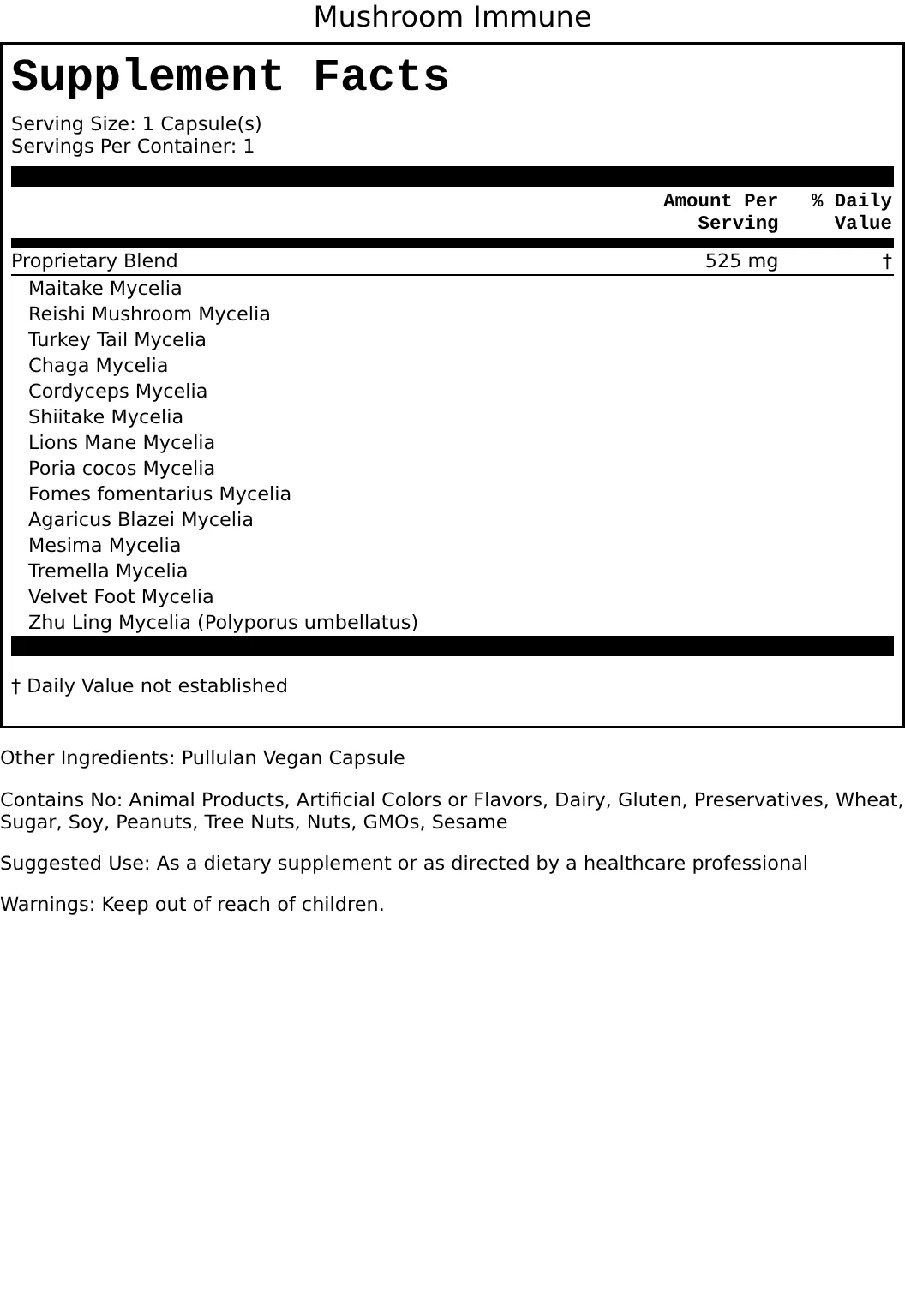 Supplement Facts for Mushroom Immune