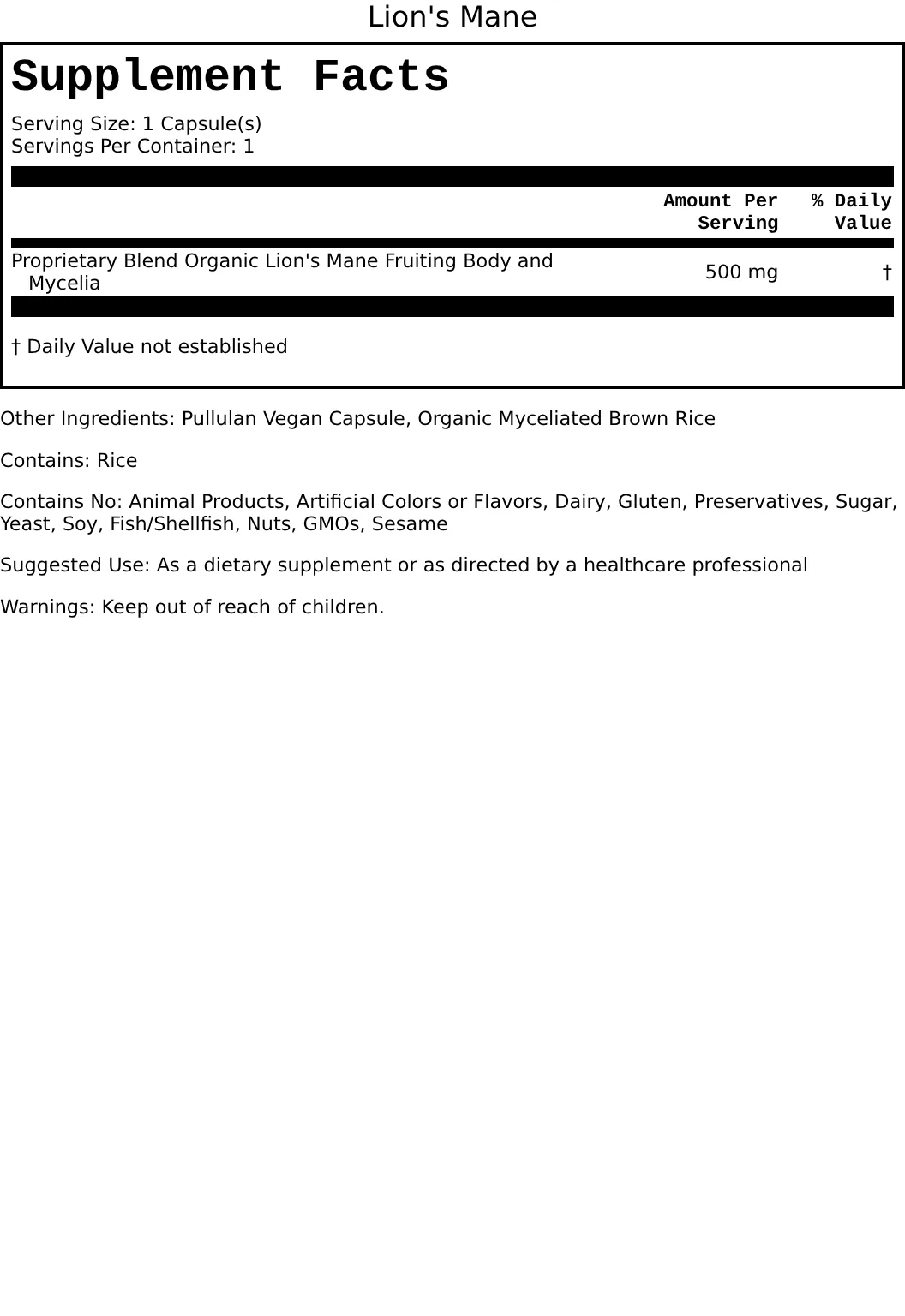 Supplement Facts for Lion's Mane