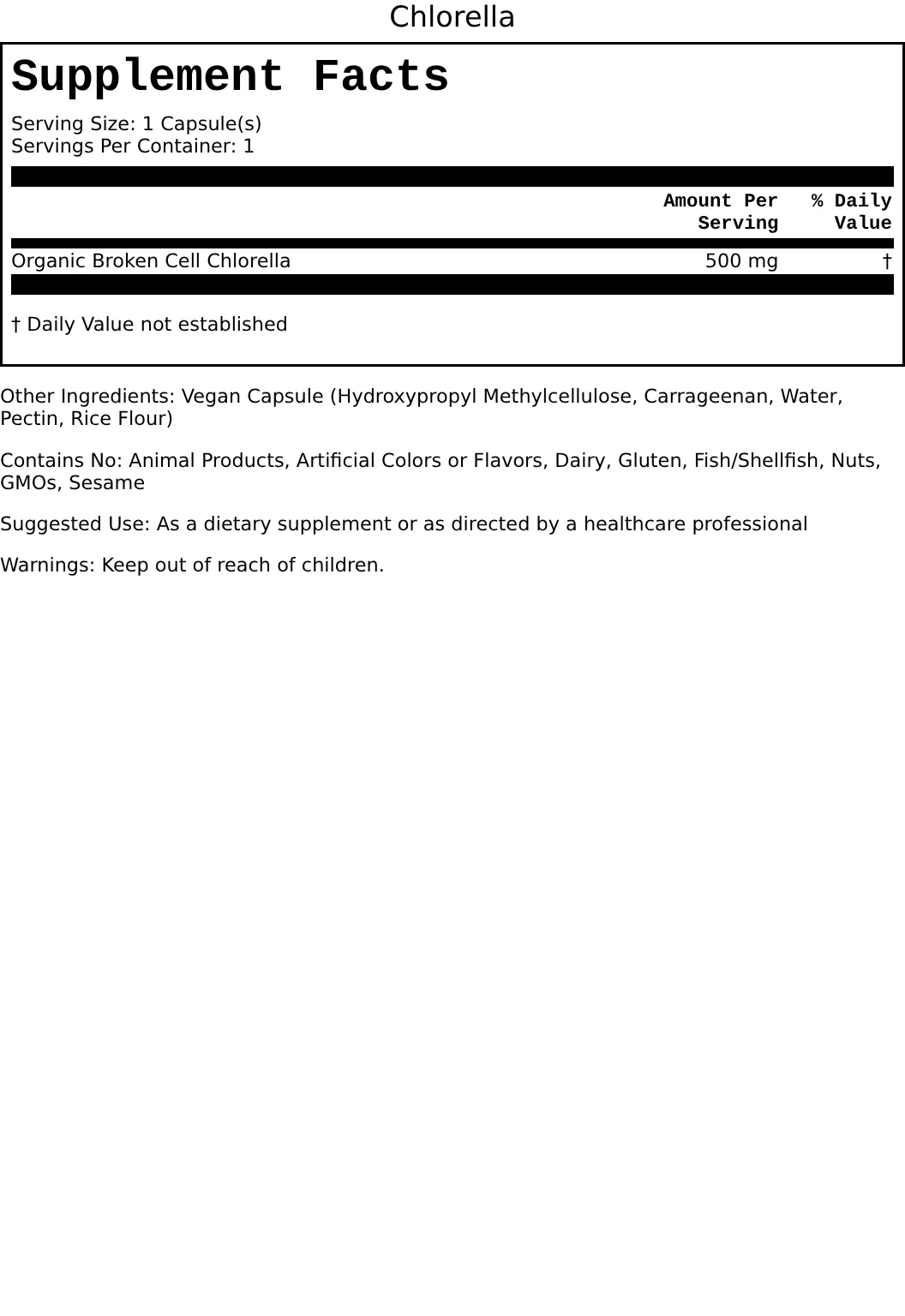 Supplement Facts for Chlorella