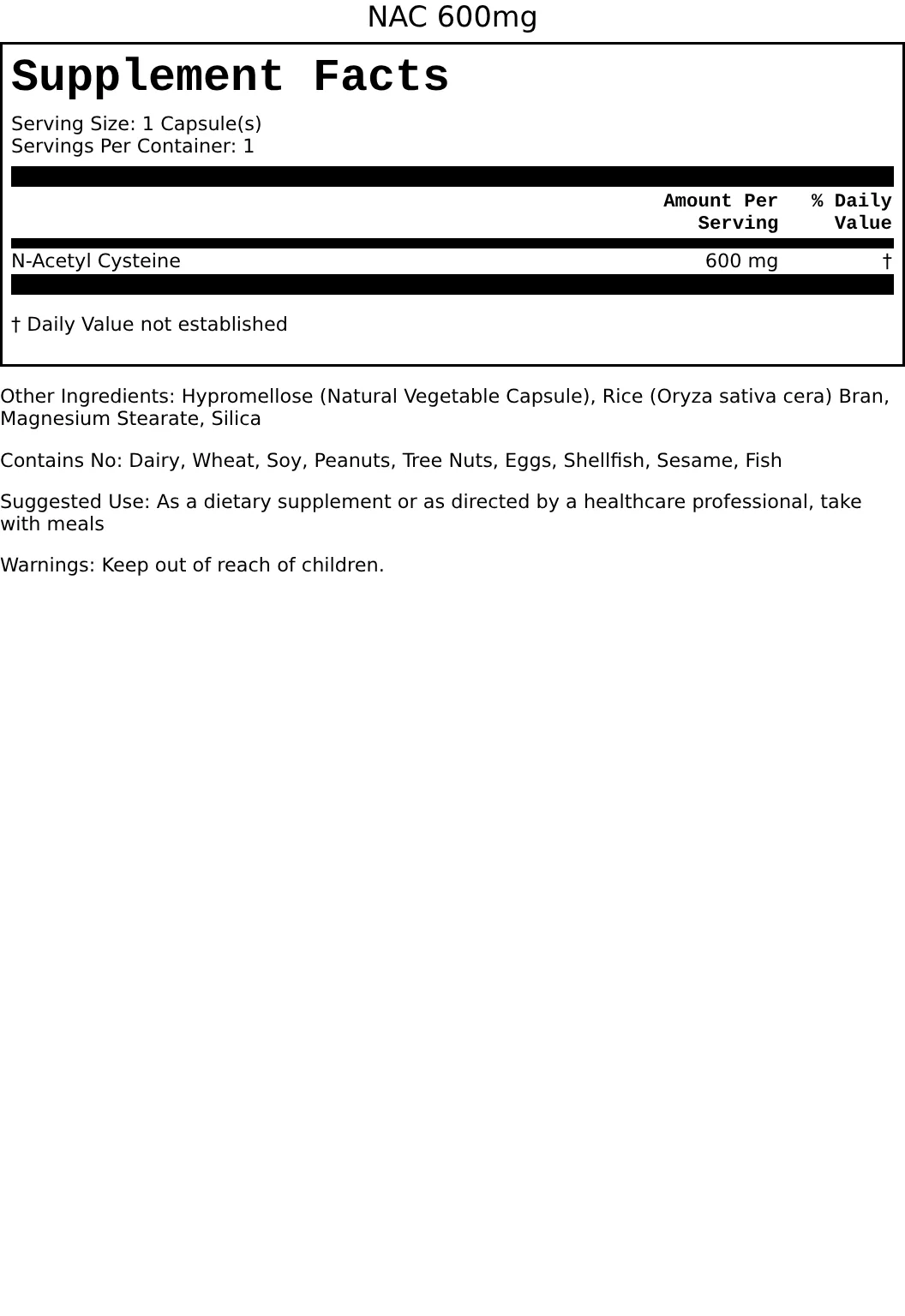 Supplement Facts for NAC