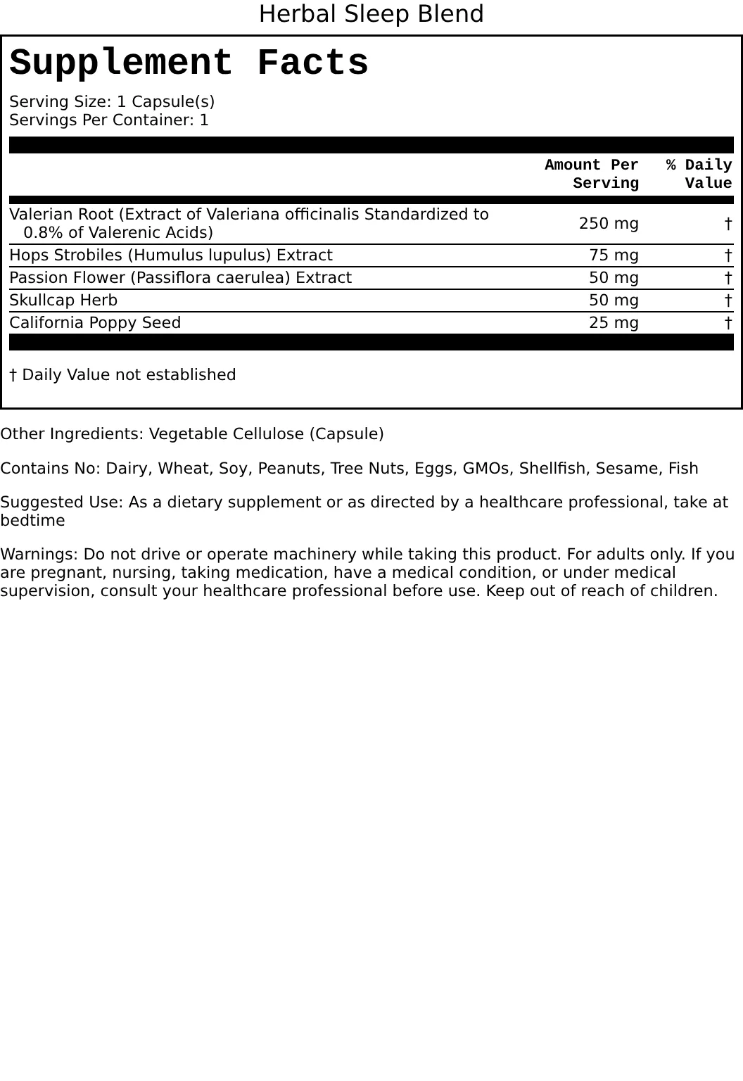 Supplement Facts for Herbal Sleep Blend