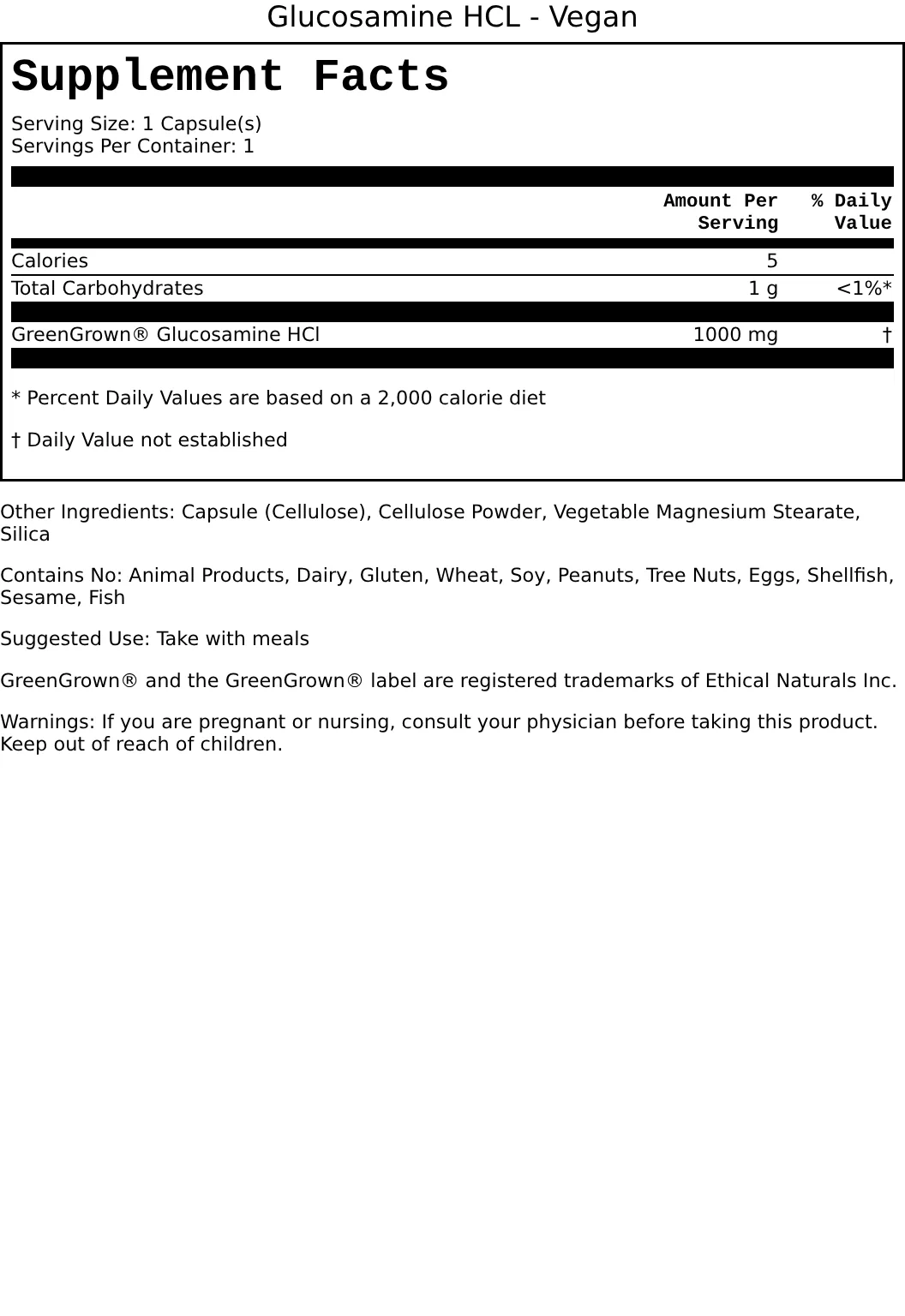Supplement Facts for Vegan Glucosamine