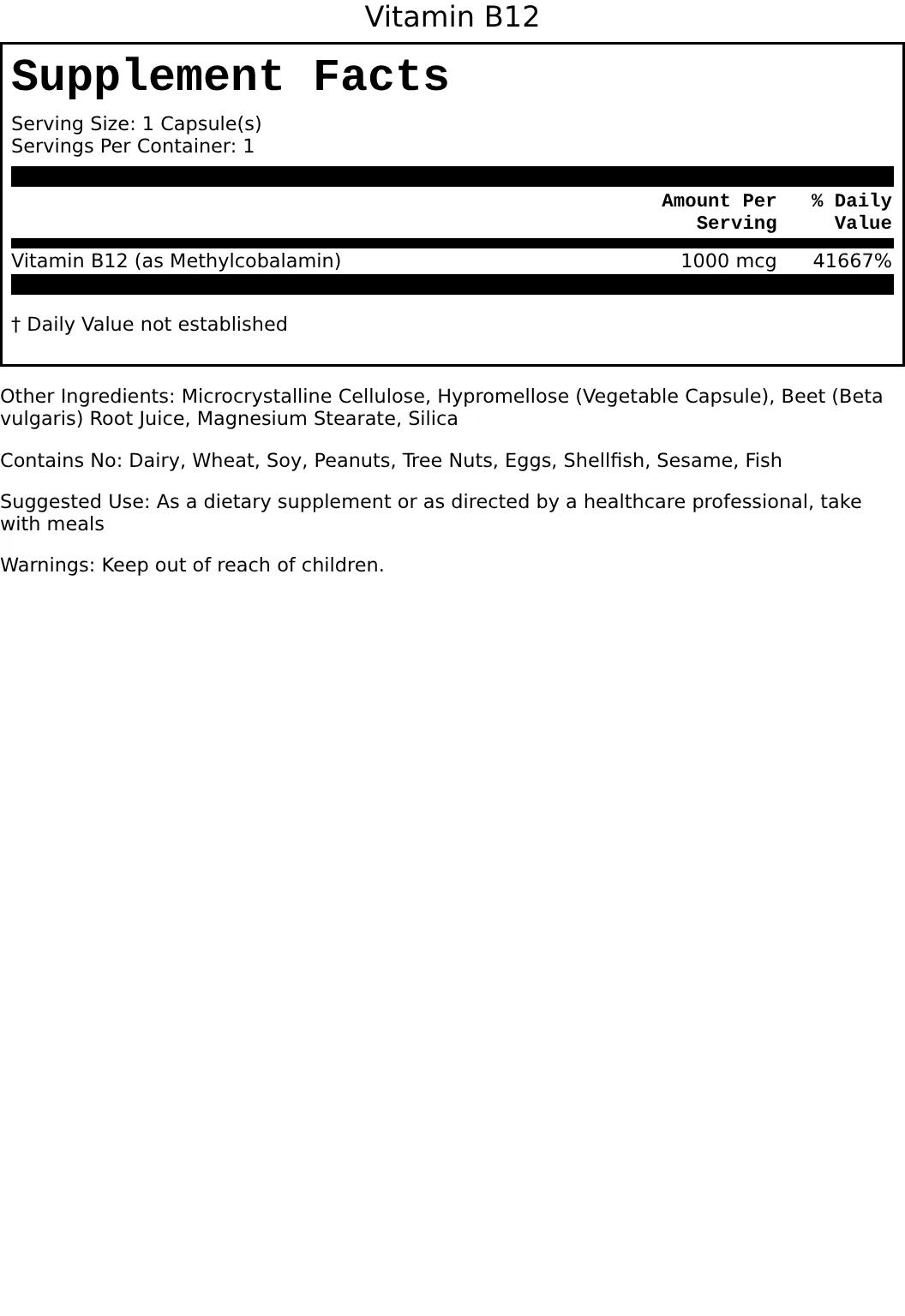 Supplement Facts for Vitamin B12
