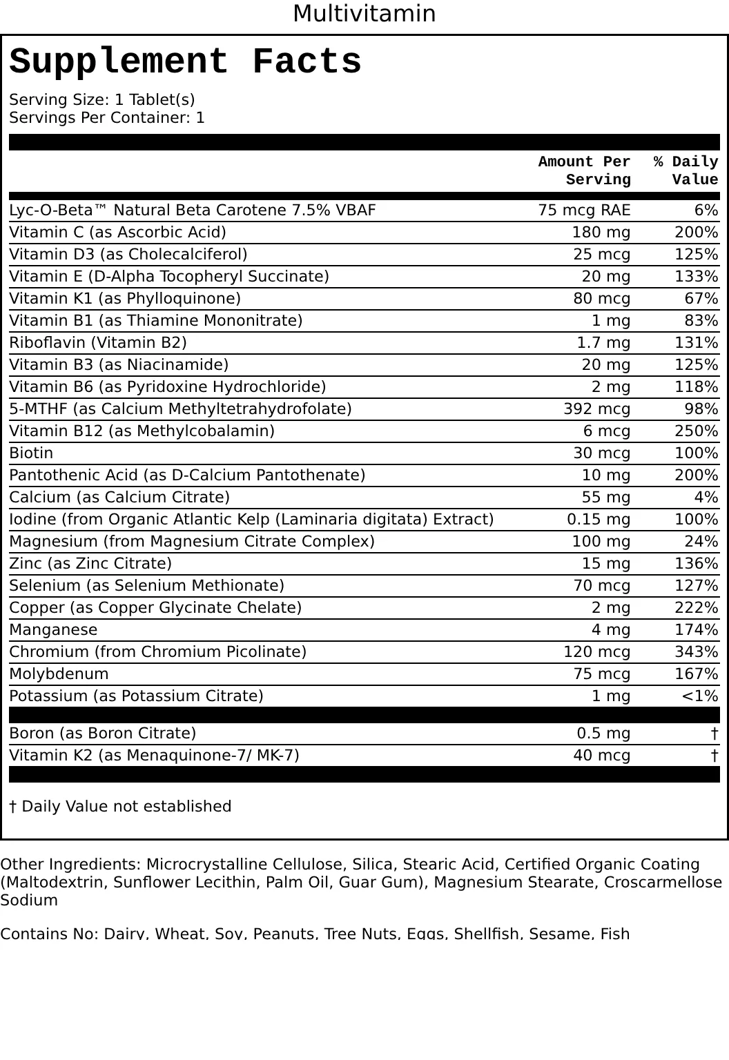 Supplement Facts for Multivitamin