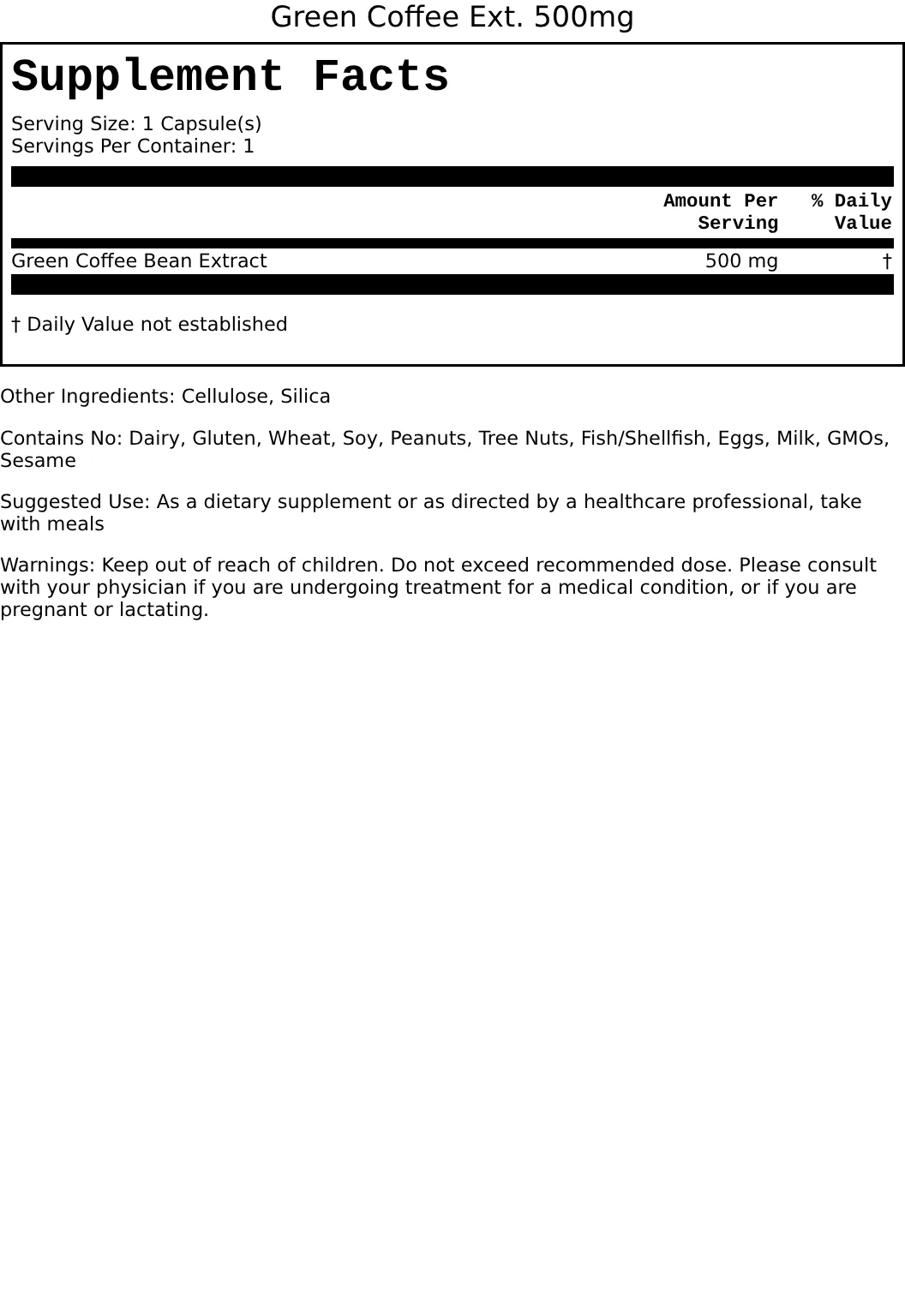 Supplement Facts for Green Coffee Extract