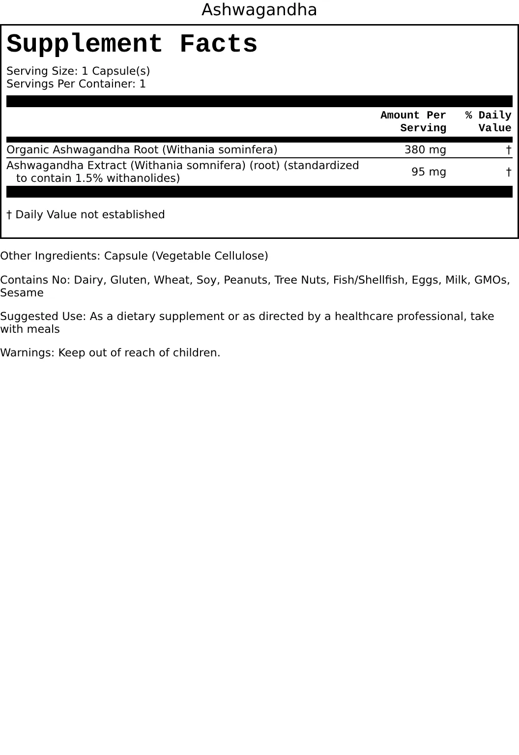 Supplement Facts for Ashwagandha