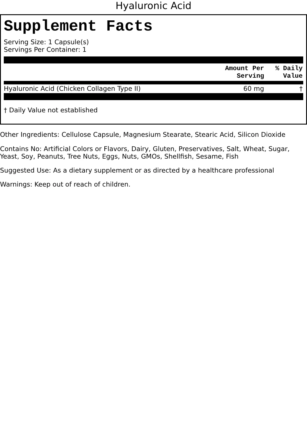Supplement Facts for Hyaluronic Acid