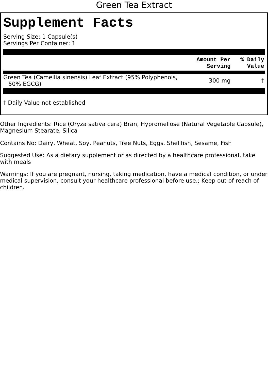 Supplement Facts for Green Tea Extract 300mg