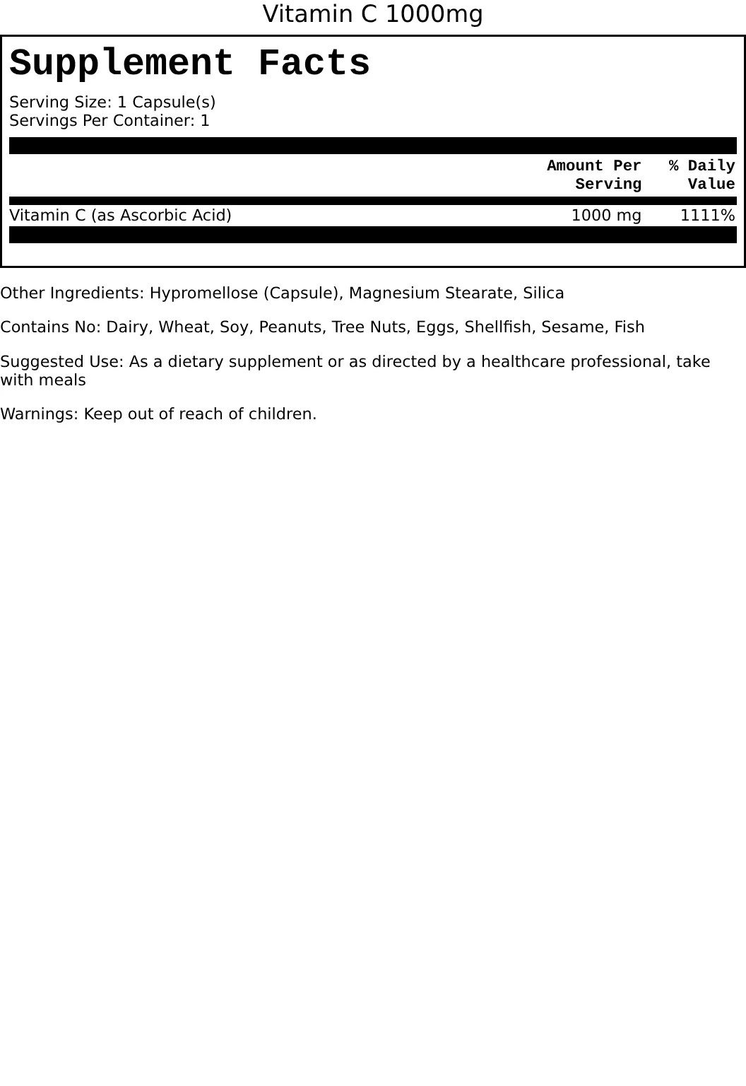 Supplement Facts for Vitamin C