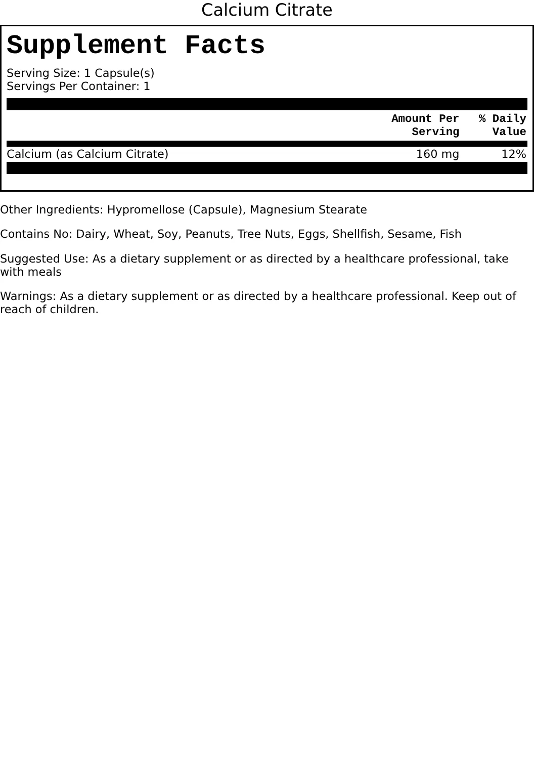 Supplement Facts for Calcium Citrate
