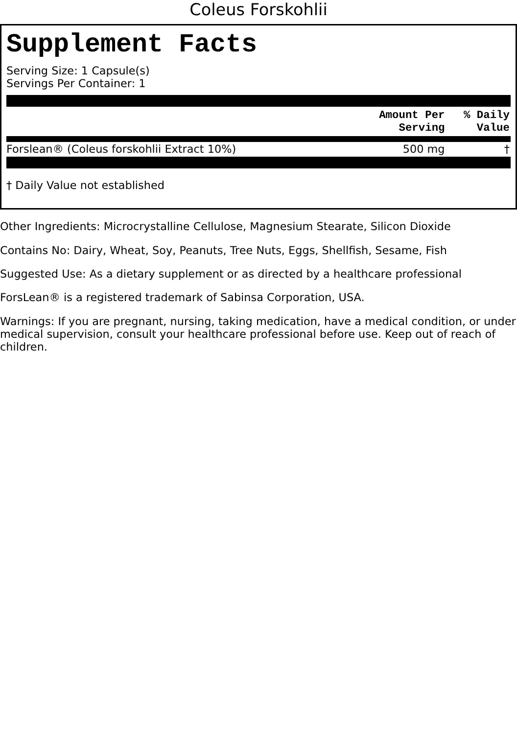 Supplement Facts for Forslean