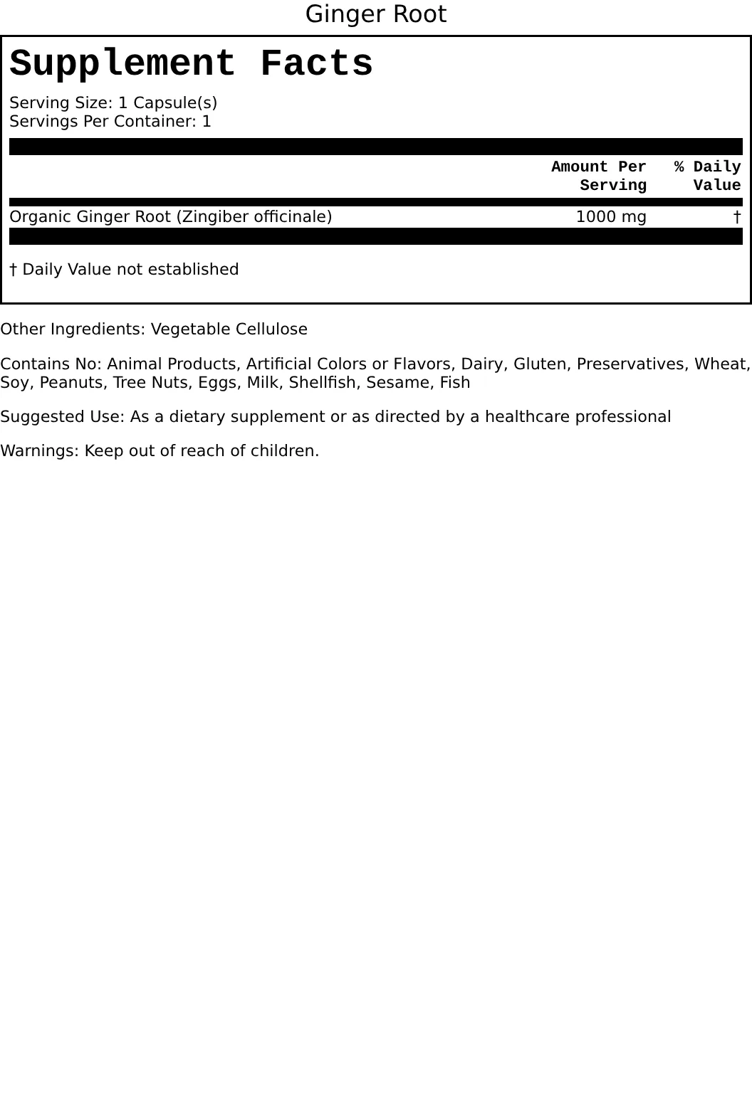 Supplement Facts for Ginger Root