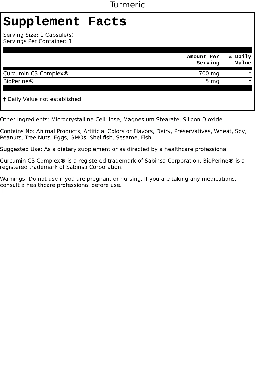 Supplement Facts for Turmeric