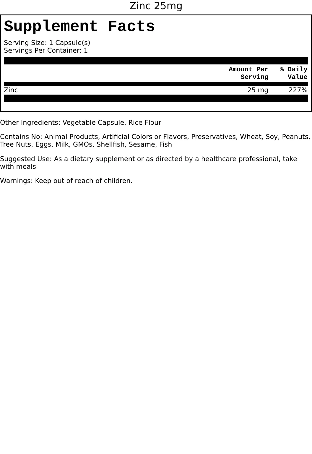 Supplement Facts for Zinc