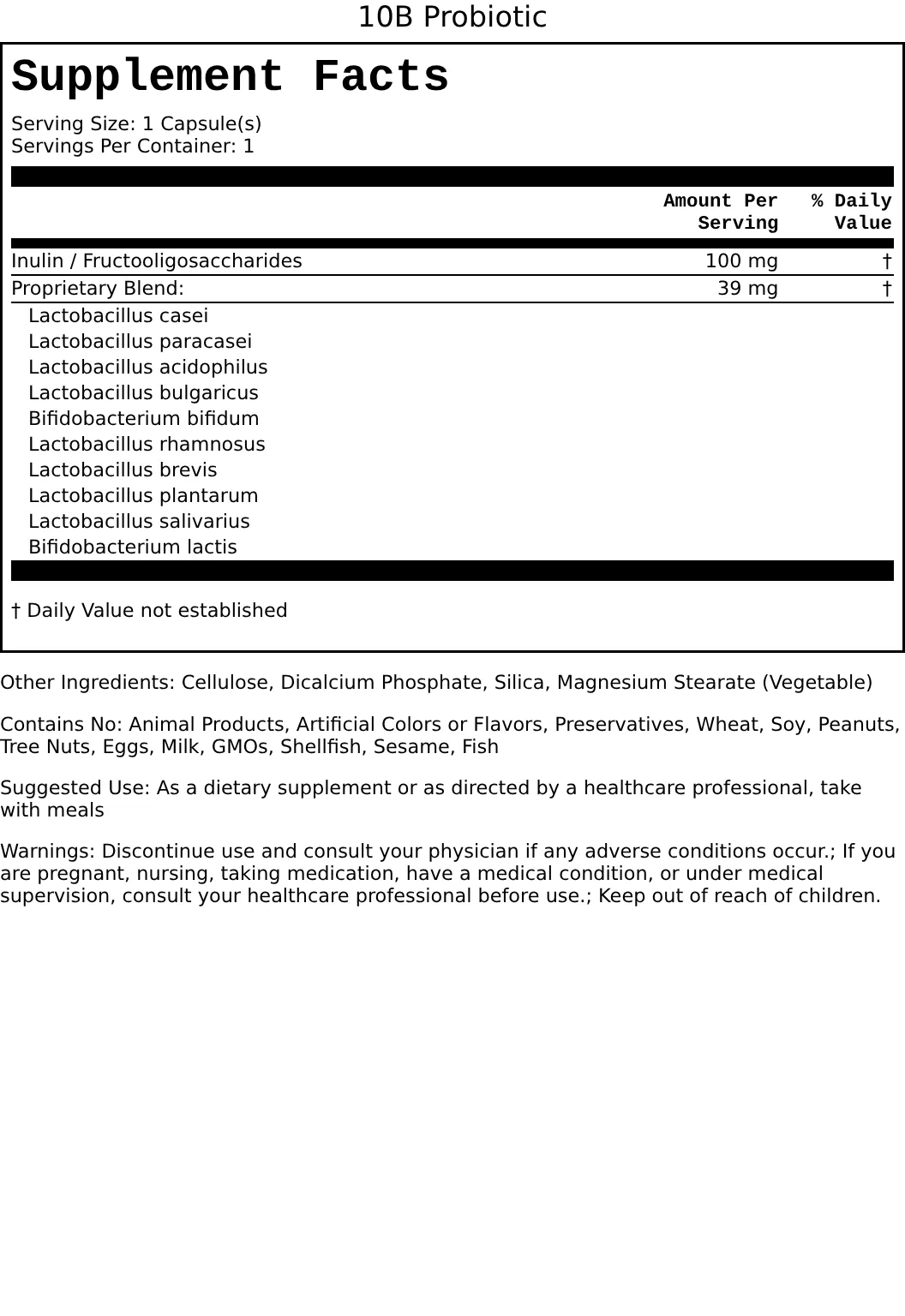 Supplement Facts for 10B Probiotic