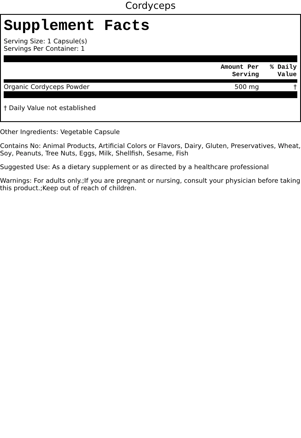 Supplement Facts for Cordyceps