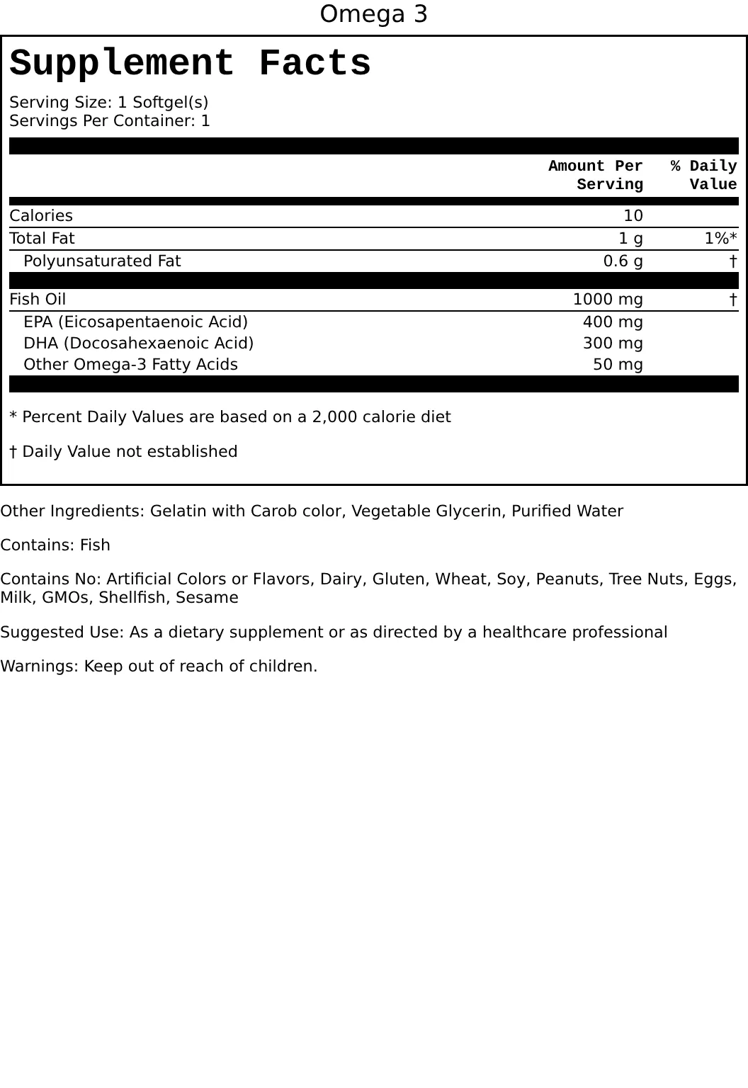 Supplement Facts for Omega 3
