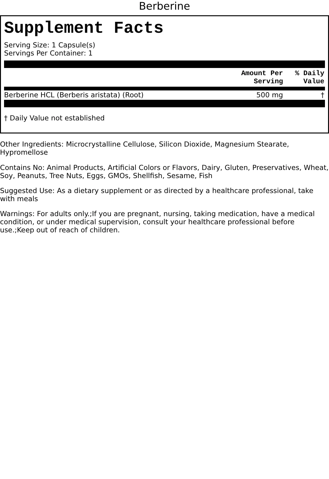 Supplement Facts for Berberine 500mg