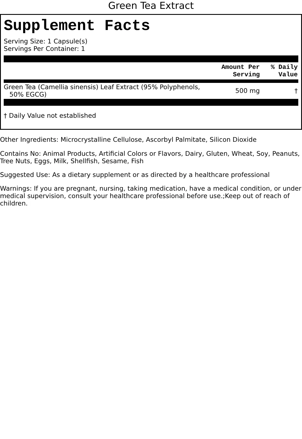 Supplement Facts for Green Tea Extract 500mg