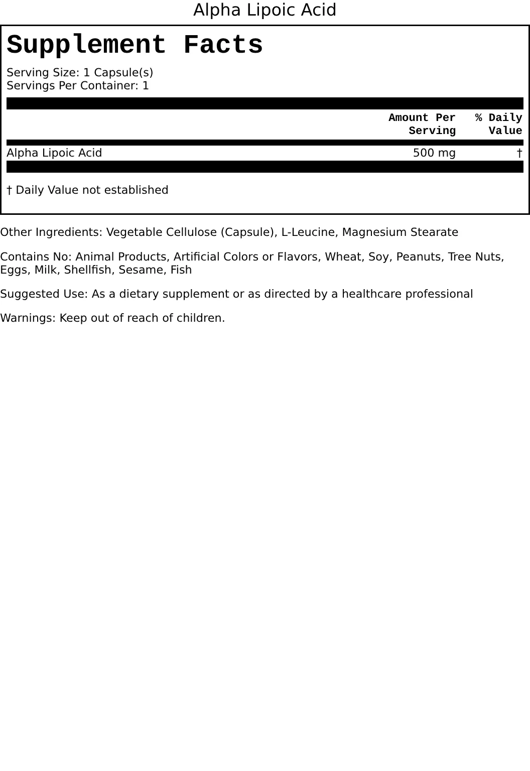 Supplement Facts for Alpha Lipoic Acid