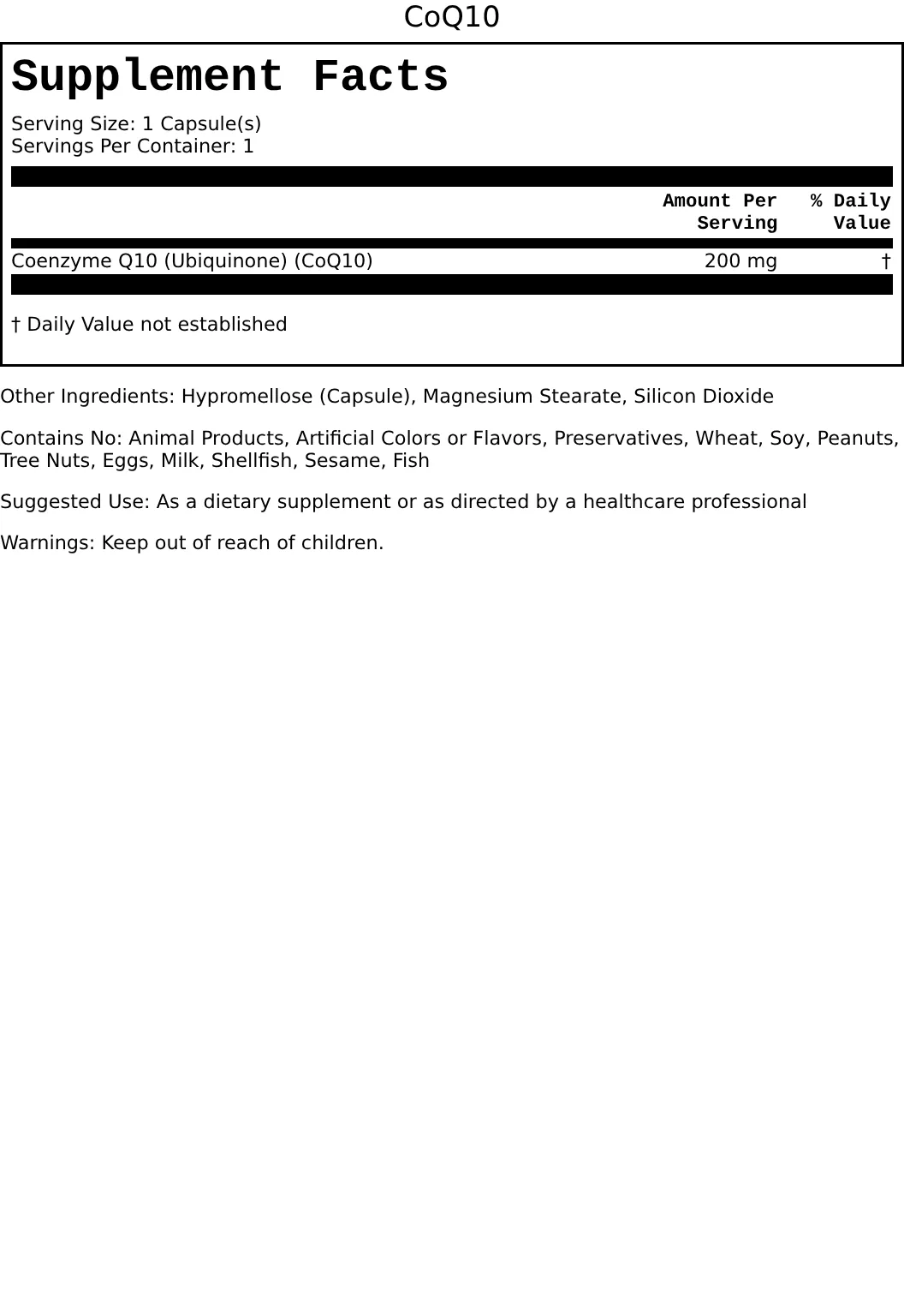 Supplement Facts for CoQ10